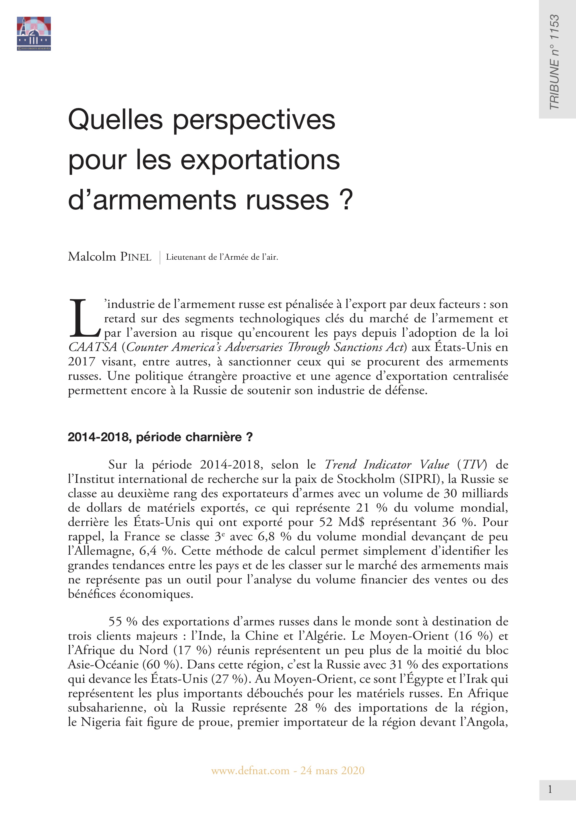 Quelles perspectives pour les exportations d’armements russes ? (T 1153)
